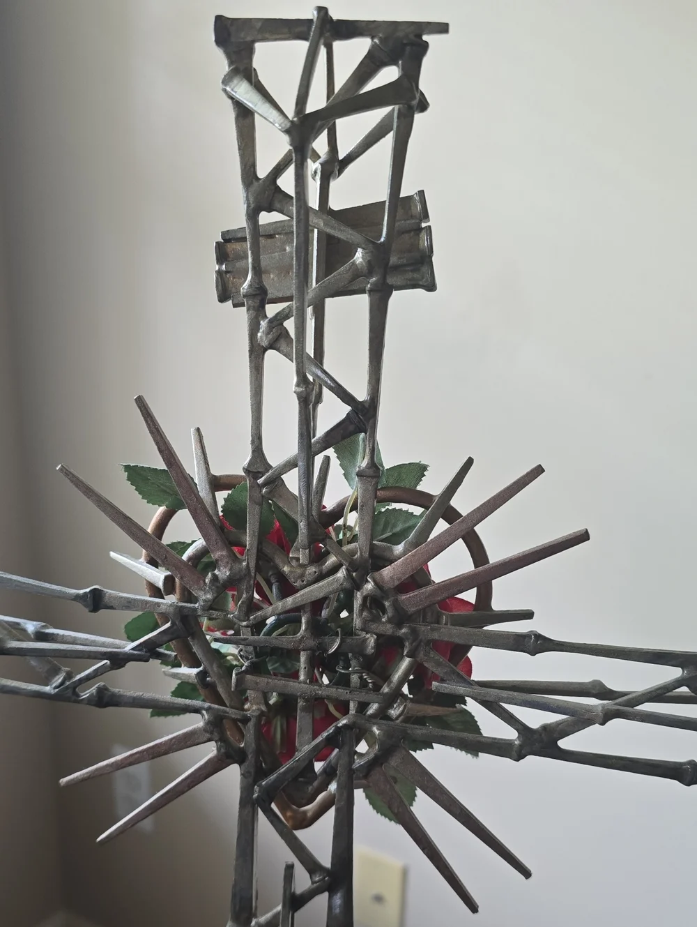 Artisan Brutalist Industrial folk art Nail Cross Rose Accent Wood Base Christian